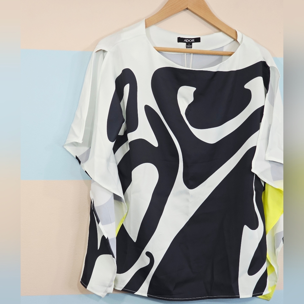 Ador Satin Silk Shirt Magyar Sleeve Flowy Graphic Blouse - Picture 5 of 10